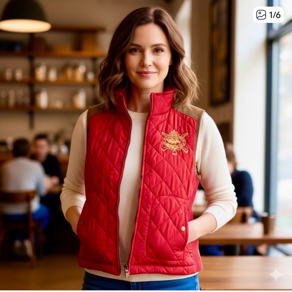 Ralph Lauren Women's Sport Red Quilted Vest with Gold Crest